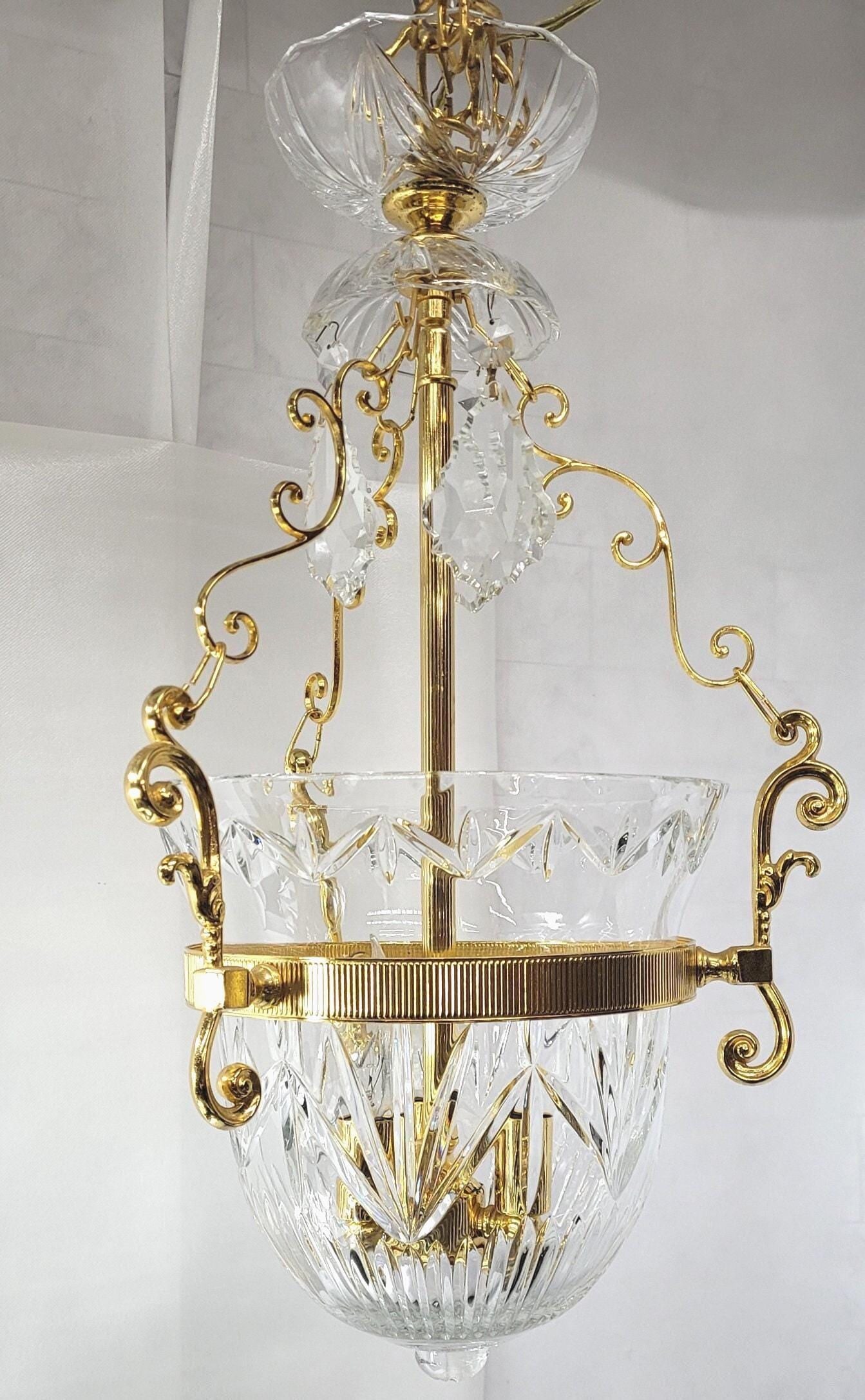 1960s Brass Crystal Bowl Chandelier, Hollywood Regency French Empire Pendant Lighting - 13