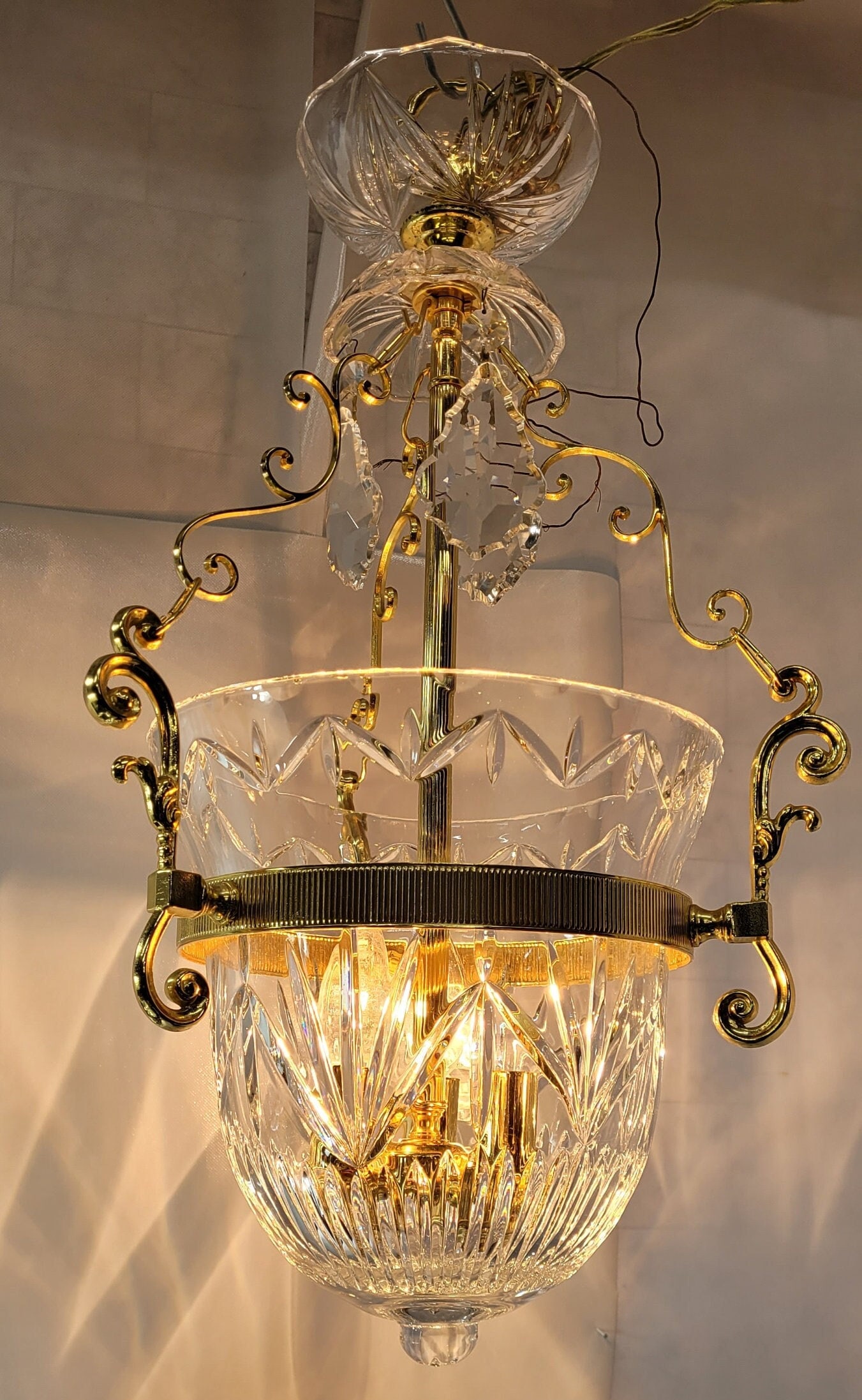 1960s Brass Crystal Bowl Chandelier, Hollywood Regency French Empire Pendant Lighting - 15