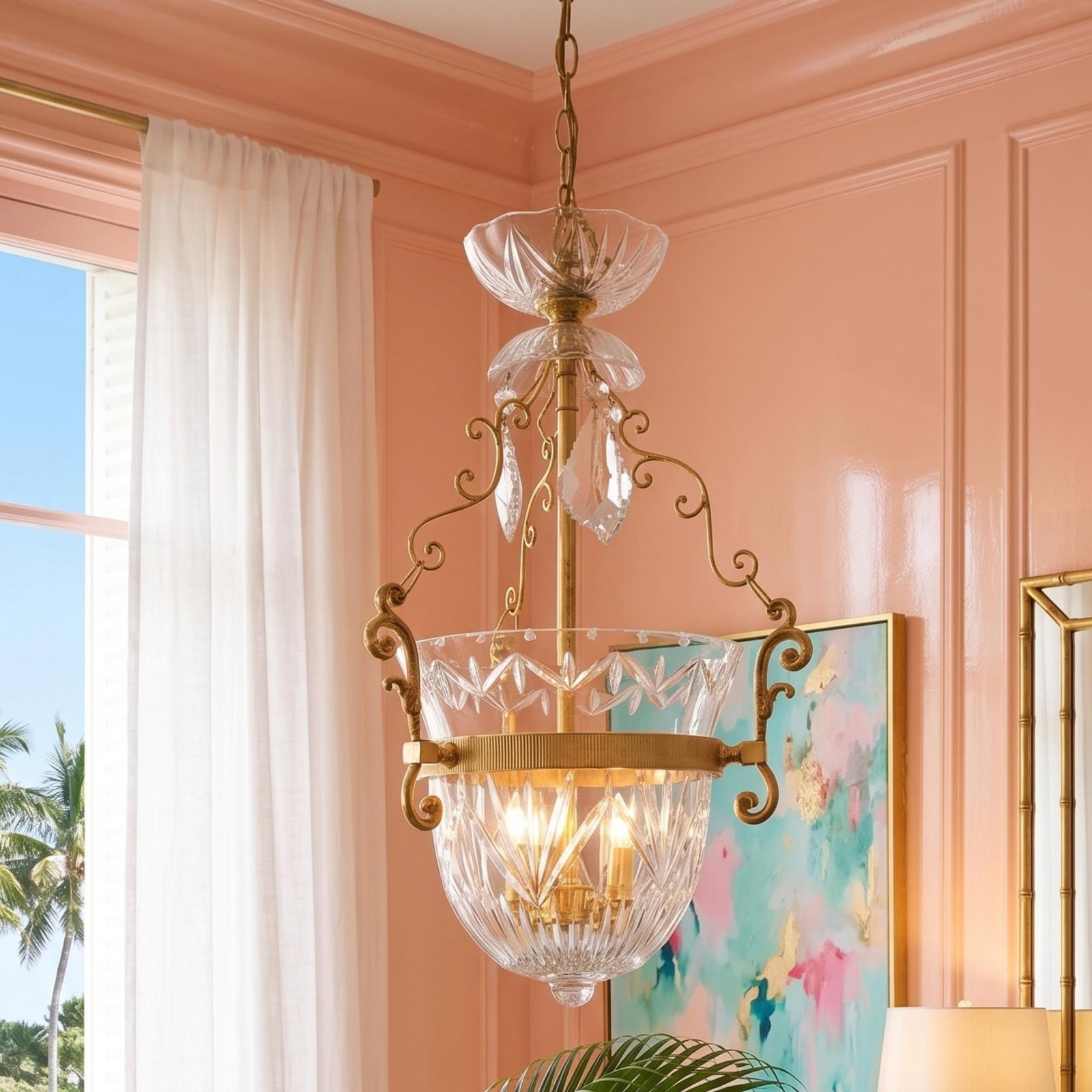 1960s Brass Crystal Bowl Chandelier, Hollywood Regency French Empire Pendant Lighting - 16