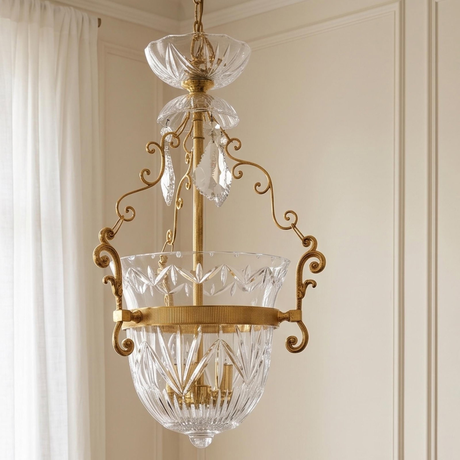 1960s Brass Crystal Bowl Chandelier, Hollywood Regency French Empire Pendant Lighting - 17