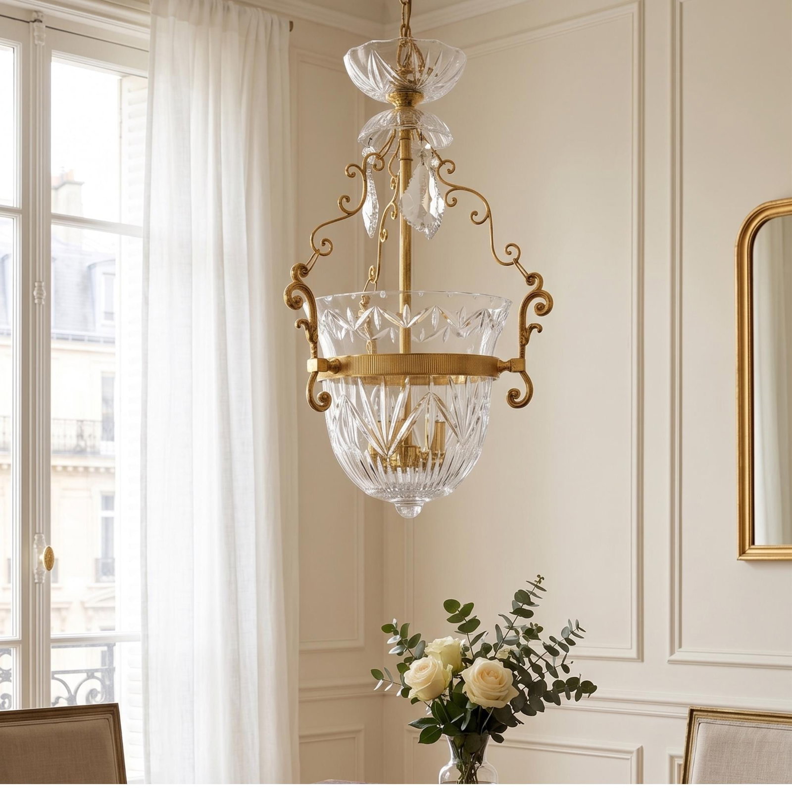 1960s Brass Crystal Bowl Chandelier, Hollywood Regency French Empire Pendant Lighting: This piece features a sculptural gilt brass frame adorned with large faceted crystal prisms that catch and refract light beautifully. The interior 3-light cluster creates a warm glow, making it ideal 