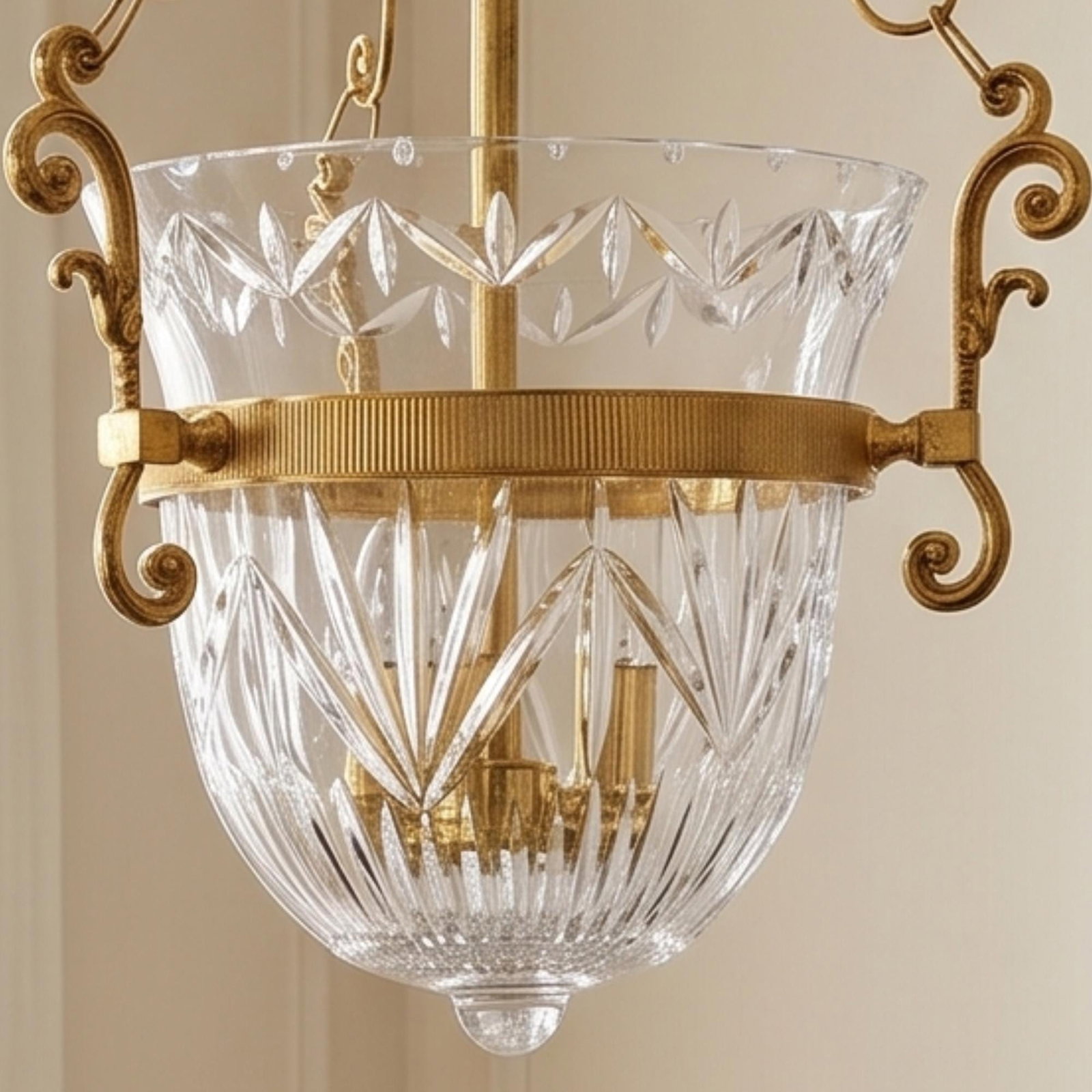 1960s Brass Crystal Bowl Chandelier, Hollywood Regency French Empire Pendant Lighting - 2