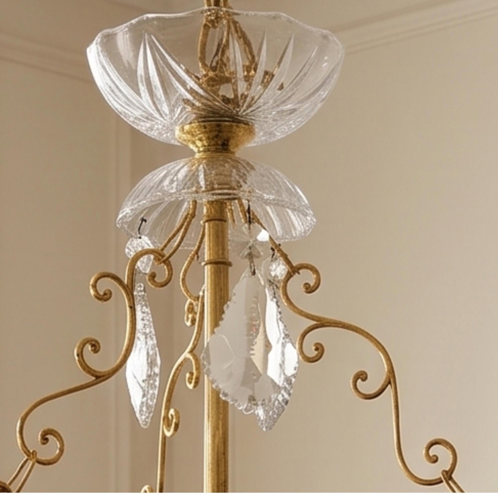 1960s Brass Crystal Bowl Chandelier, Hollywood Regency French Empire Pendant Lighting - 5