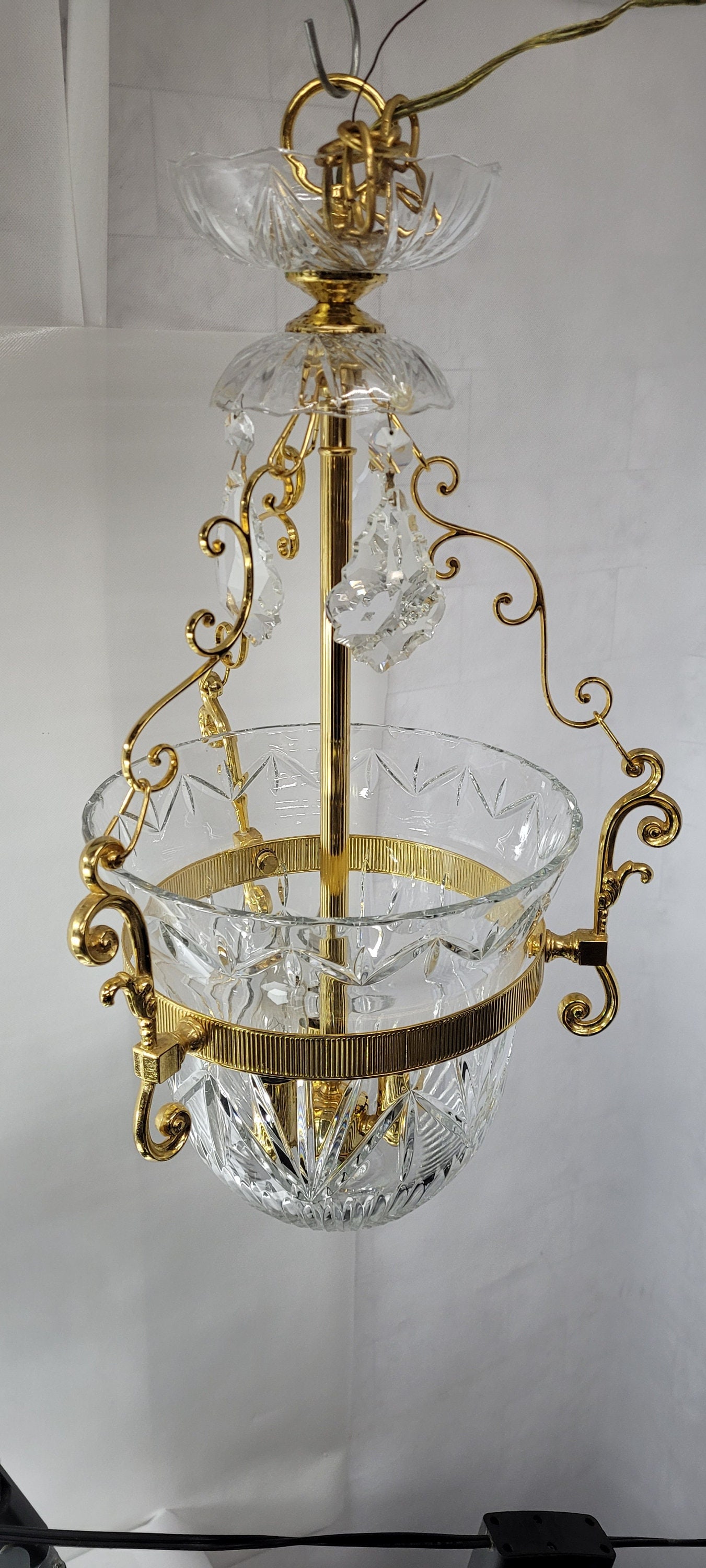 1960s Brass Crystal Bowl Chandelier, Hollywood Regency French Empire Pendant Lighting - 6