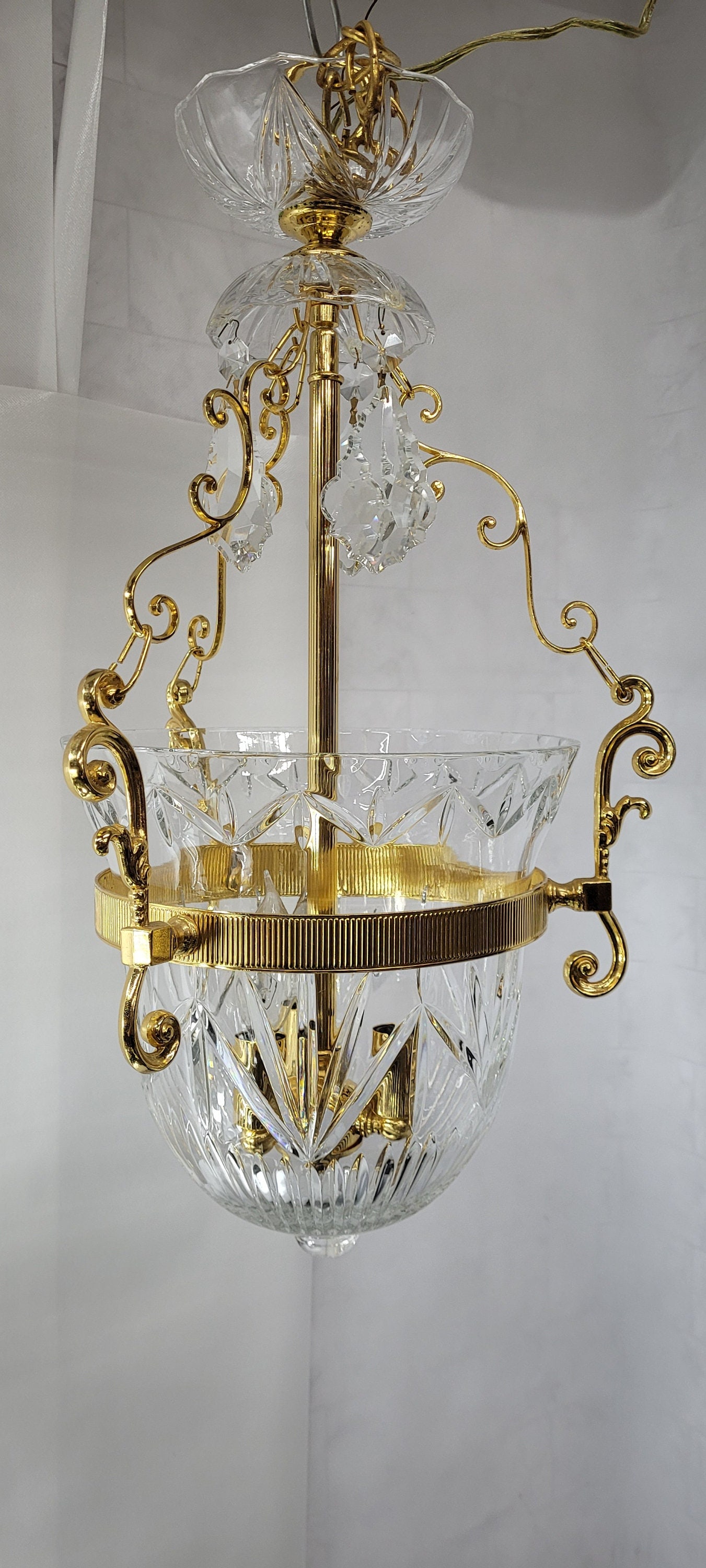 1960s Brass Crystal Bowl Chandelier, Hollywood Regency French Empire Pendant Lighting - 7