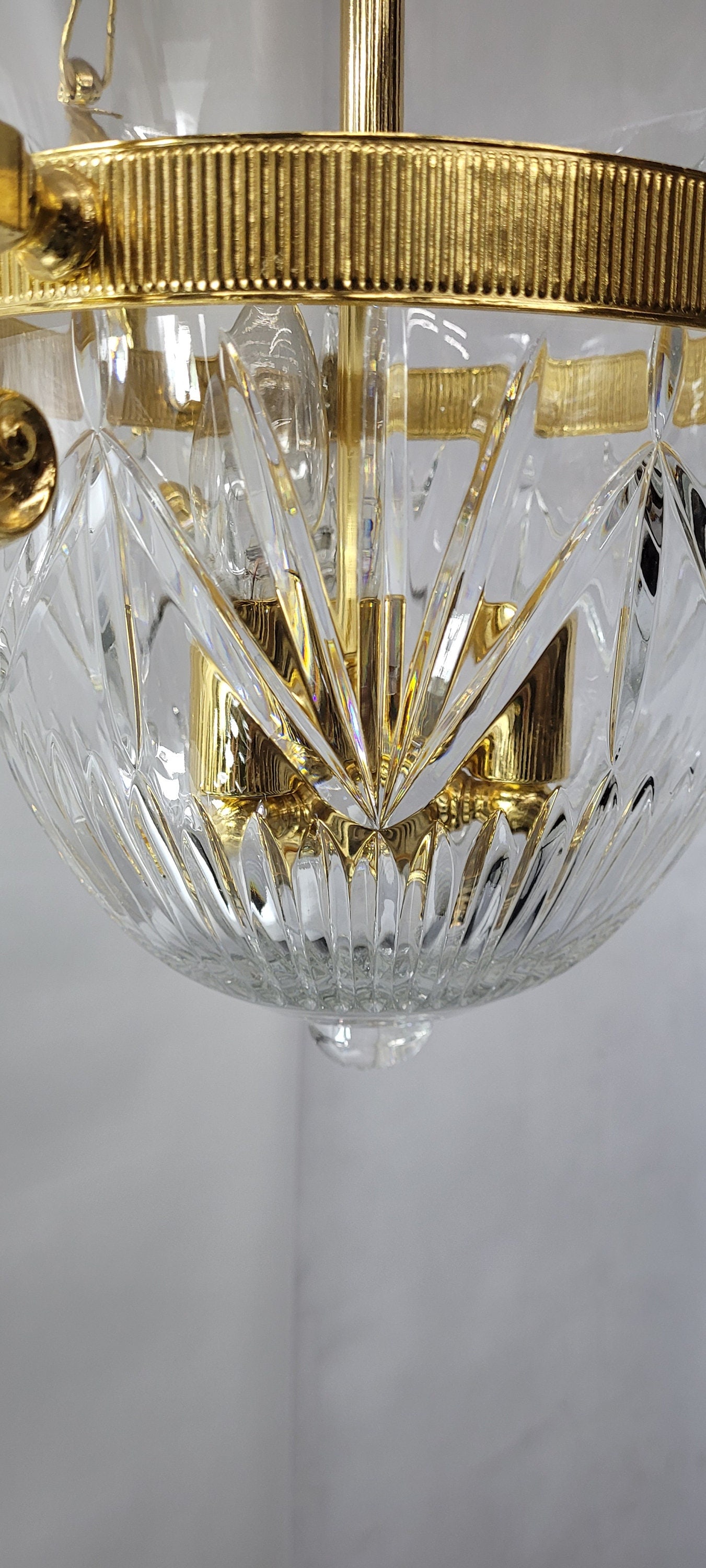 1960s Brass Crystal Bowl Chandelier, Hollywood Regency French Empire Pendant Lighting - 8