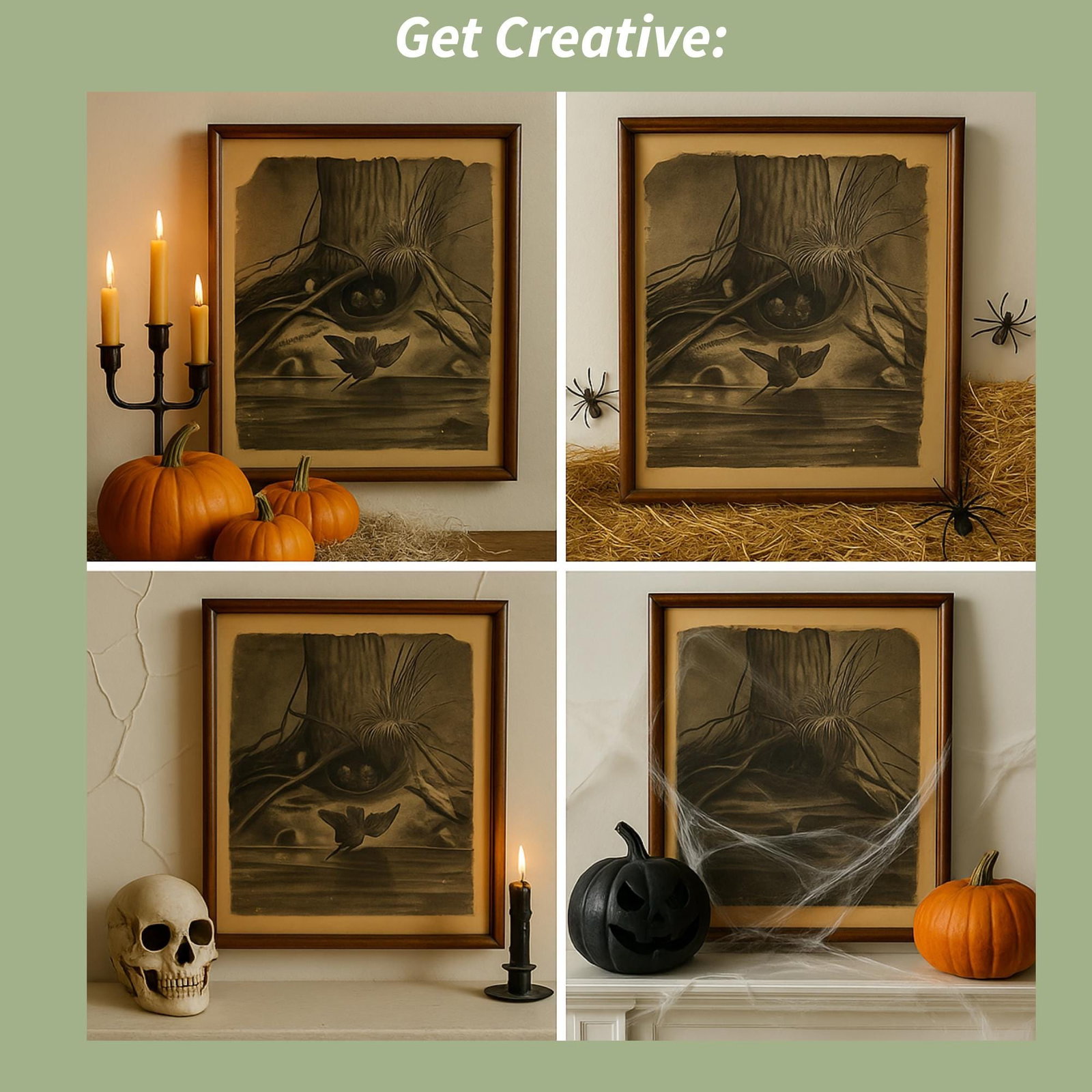 Vintage Gothic Wall Art 1930s Charcoal Bird Nest Drawing Dark Academic: This is an original unsigned charcoal drawing on paper, believed to date to the 1930s, depicting a bird in flight descending toward a nest of chicks nestled in gnarled tree roots — framed in a
