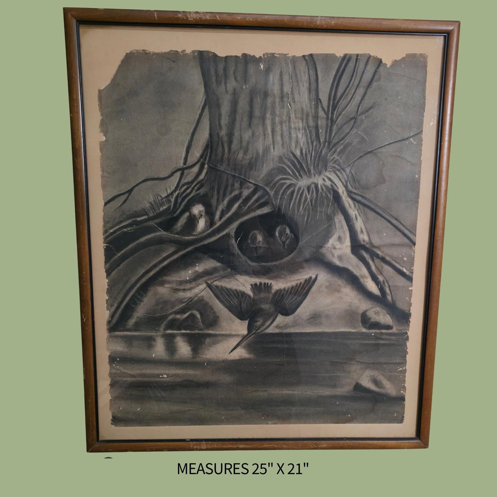 Vintage Gothic Wall Art 1930s Charcoal Bird Nest Drawing Dark Academic - 2