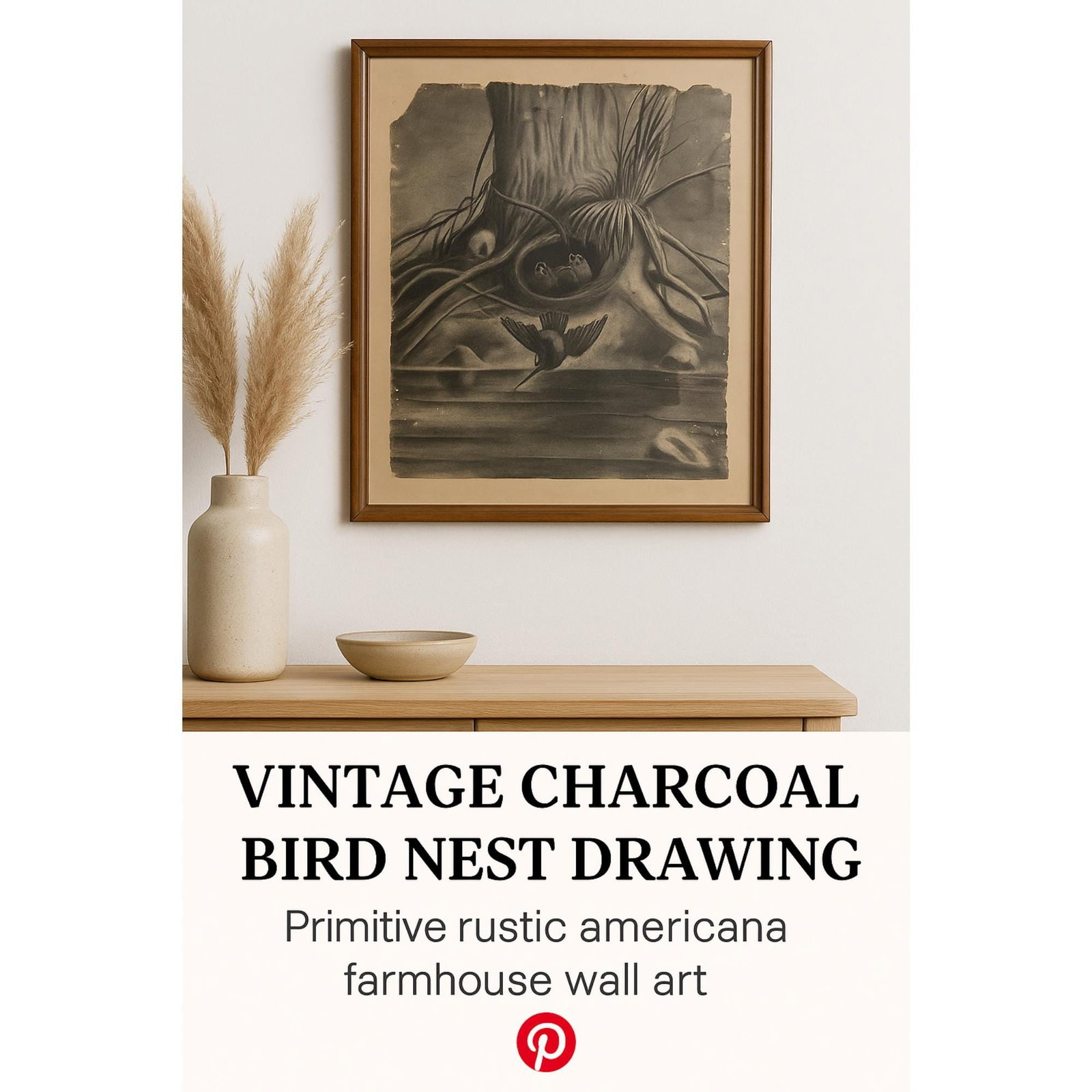 Vintage Gothic Wall Art 1930s Charcoal Bird Nest Drawing Dark Academic - 7