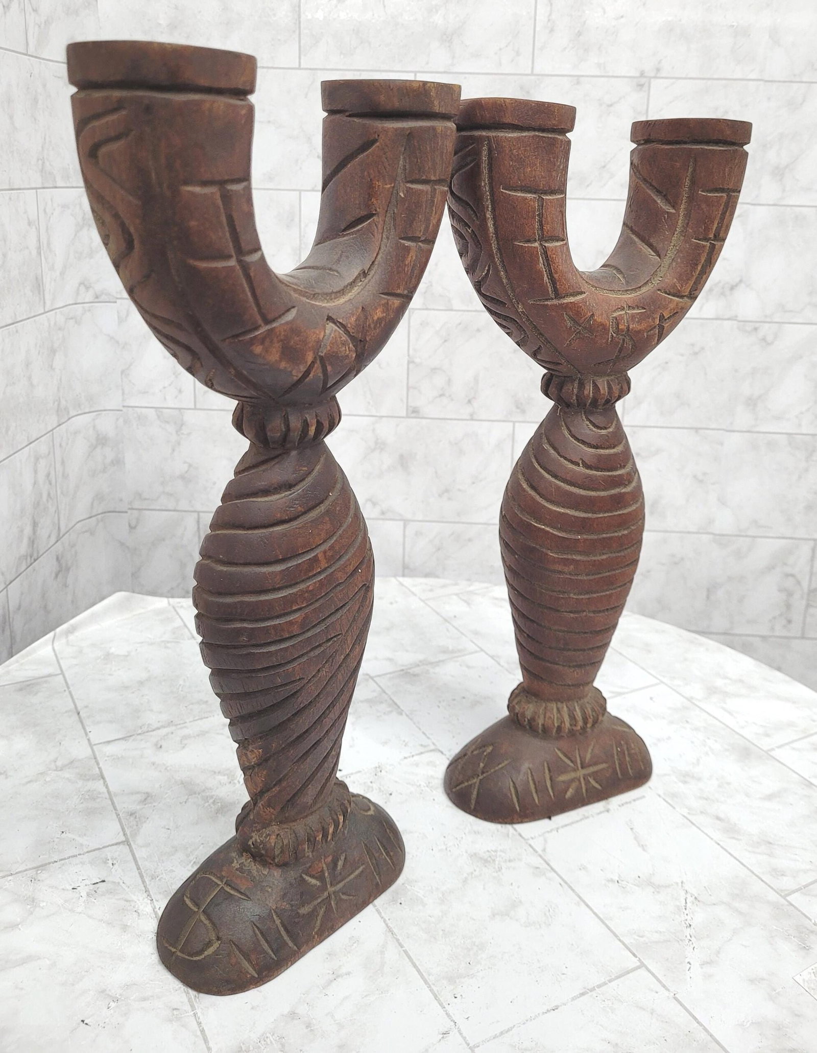 Mid Century Wood Candle Holders Hand Carved Tribal Pair Candelabras (1 of 7)