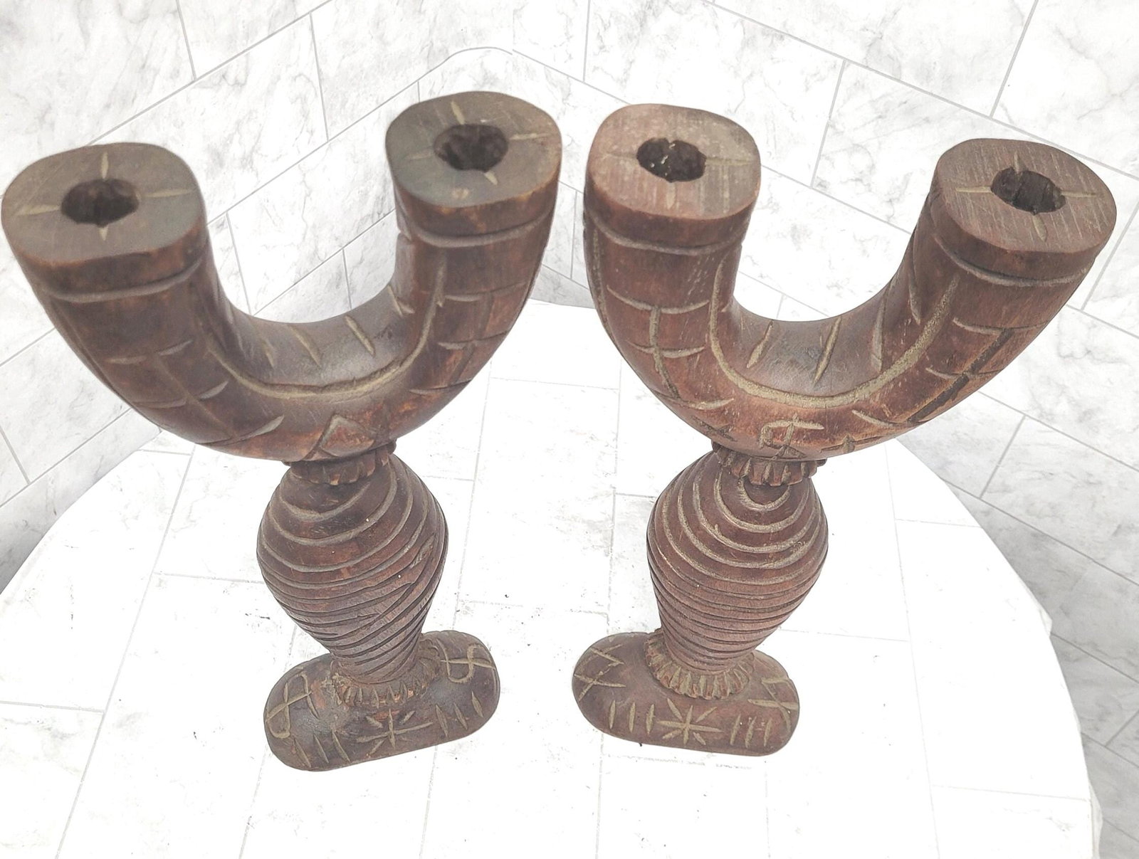 Mid Century Wood Candle Holders Hand Carved Tribal Pair Candelabras - 2