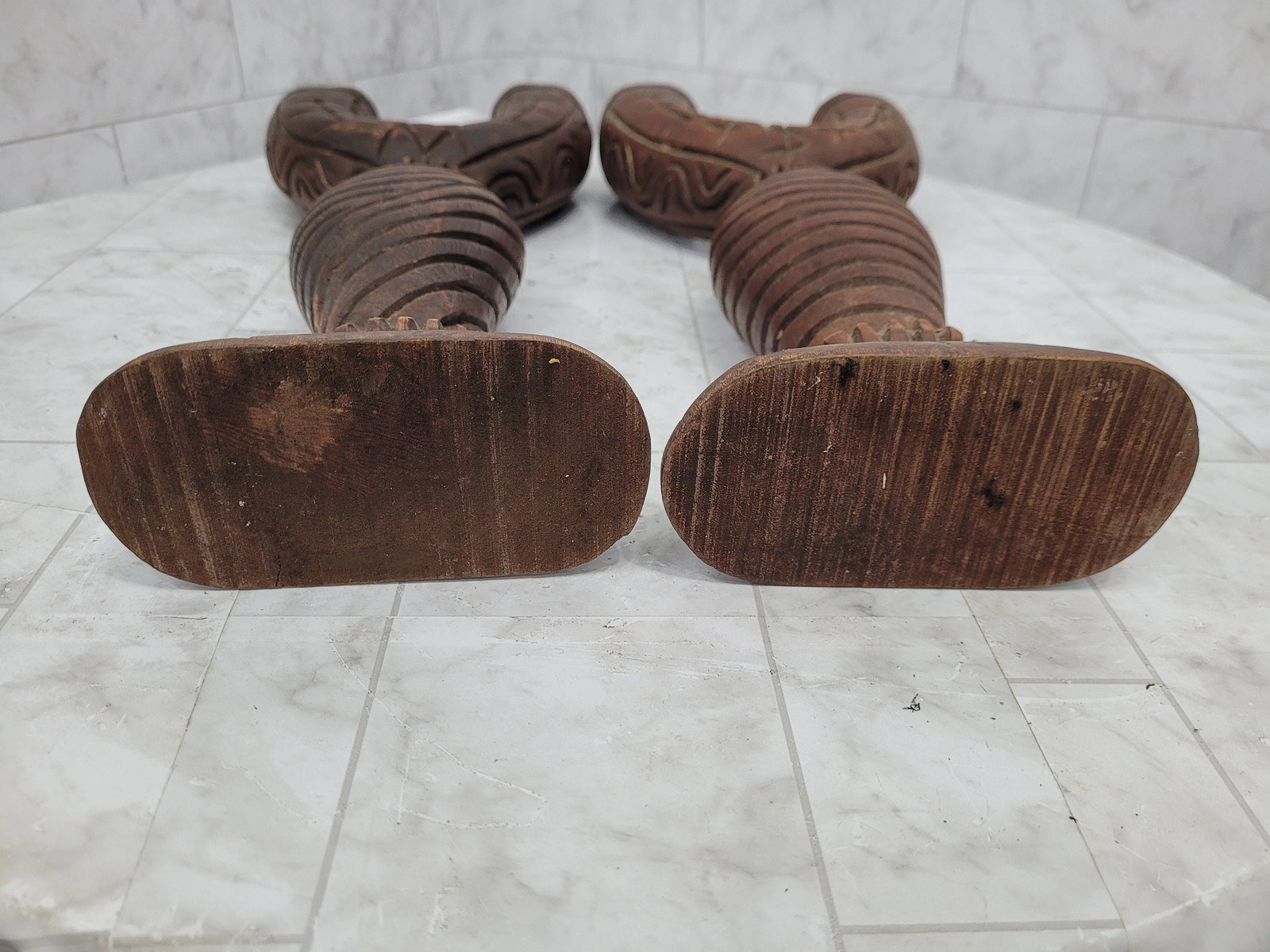Mid Century Wood Candle Holders Hand Carved Tribal Pair Candelabras - 3