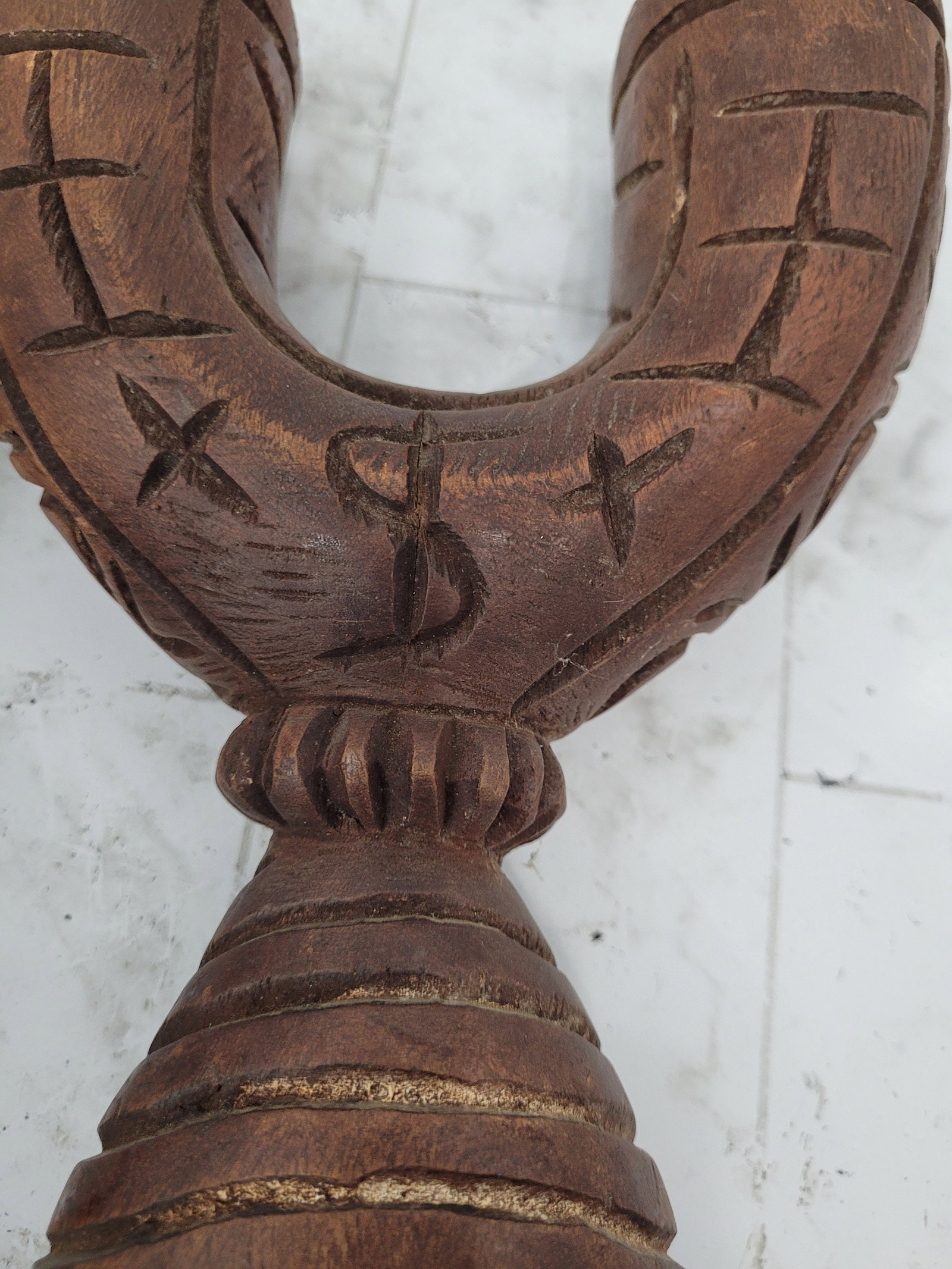 Mid Century Wood Candle Holders Hand Carved Tribal Pair Candelabras - 6