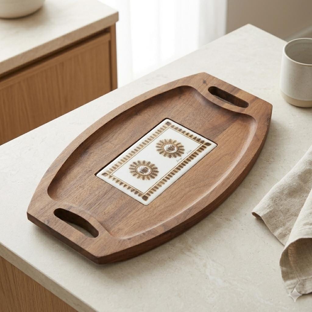 Walnut Charcuterie Board Mid Century Serving Tray Georges Briard Ceramic Tile Cheese Bar Cart - 13