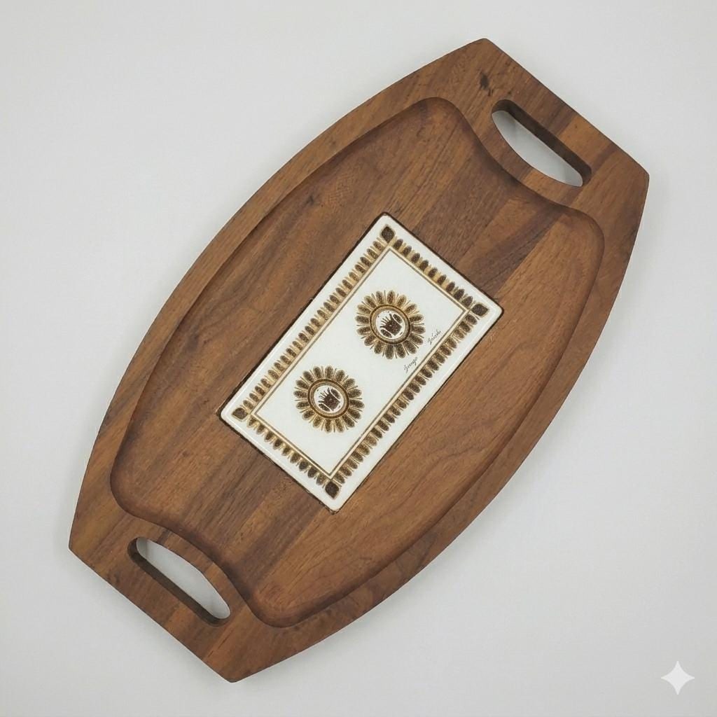 Walnut Charcuterie Board Mid Century Serving Tray Georges Briard Ceramic Tile Cheese Bar Cart - 2