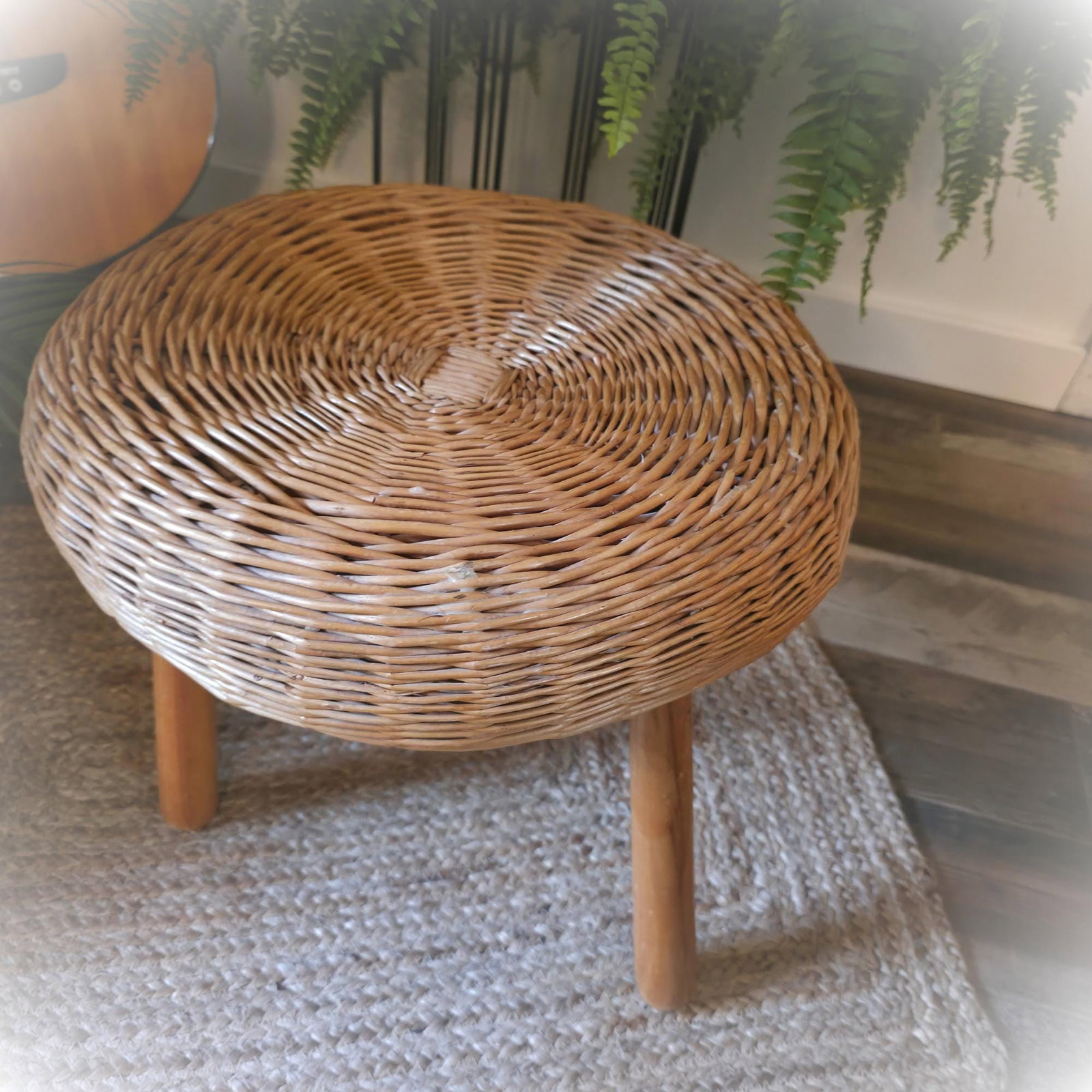 Mid Century Wicker Mushroom Stool Tripod Wood Leg Tony Paul Style Rattan Natural Organic (1 of 7)