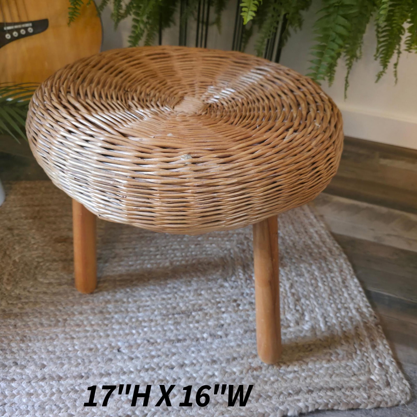 Mid Century Wicker Mushroom Stool Tripod Wood Leg Tony Paul Style Rattan Natural Organic - 2