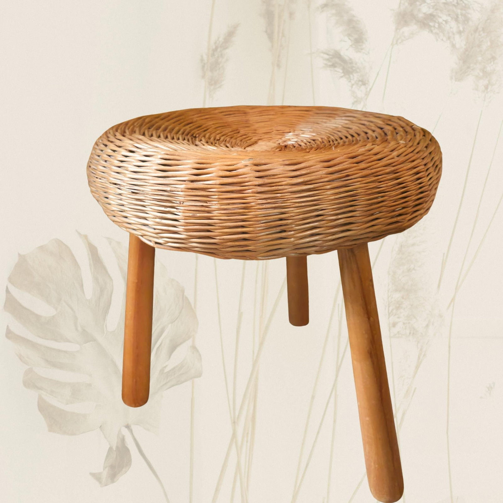 Mid Century Wicker Mushroom Stool Tripod Wood Leg Tony Paul Style Rattan Natural Organic - 3