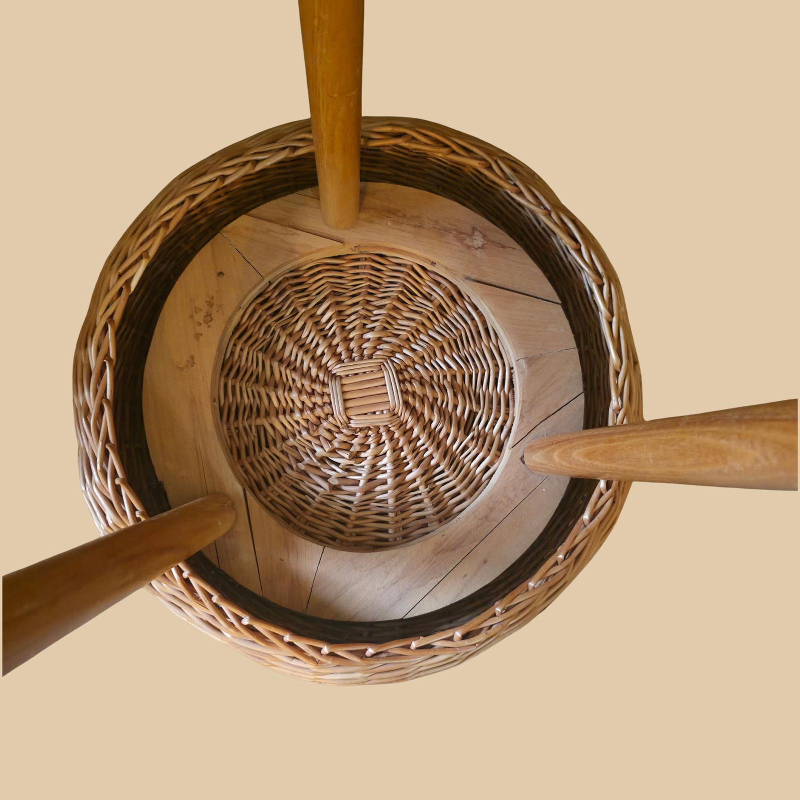 Mid Century Wicker Mushroom Stool Tripod Wood Leg Tony Paul Style Rattan Natural Organic - 6