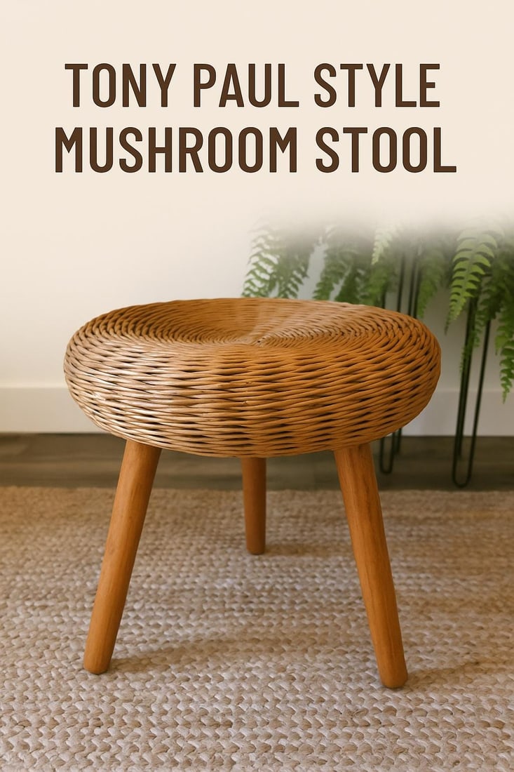 Mid Century Wicker Mushroom Stool Tripod Wood Leg Tony Paul Style Rattan Natural Organic - 7