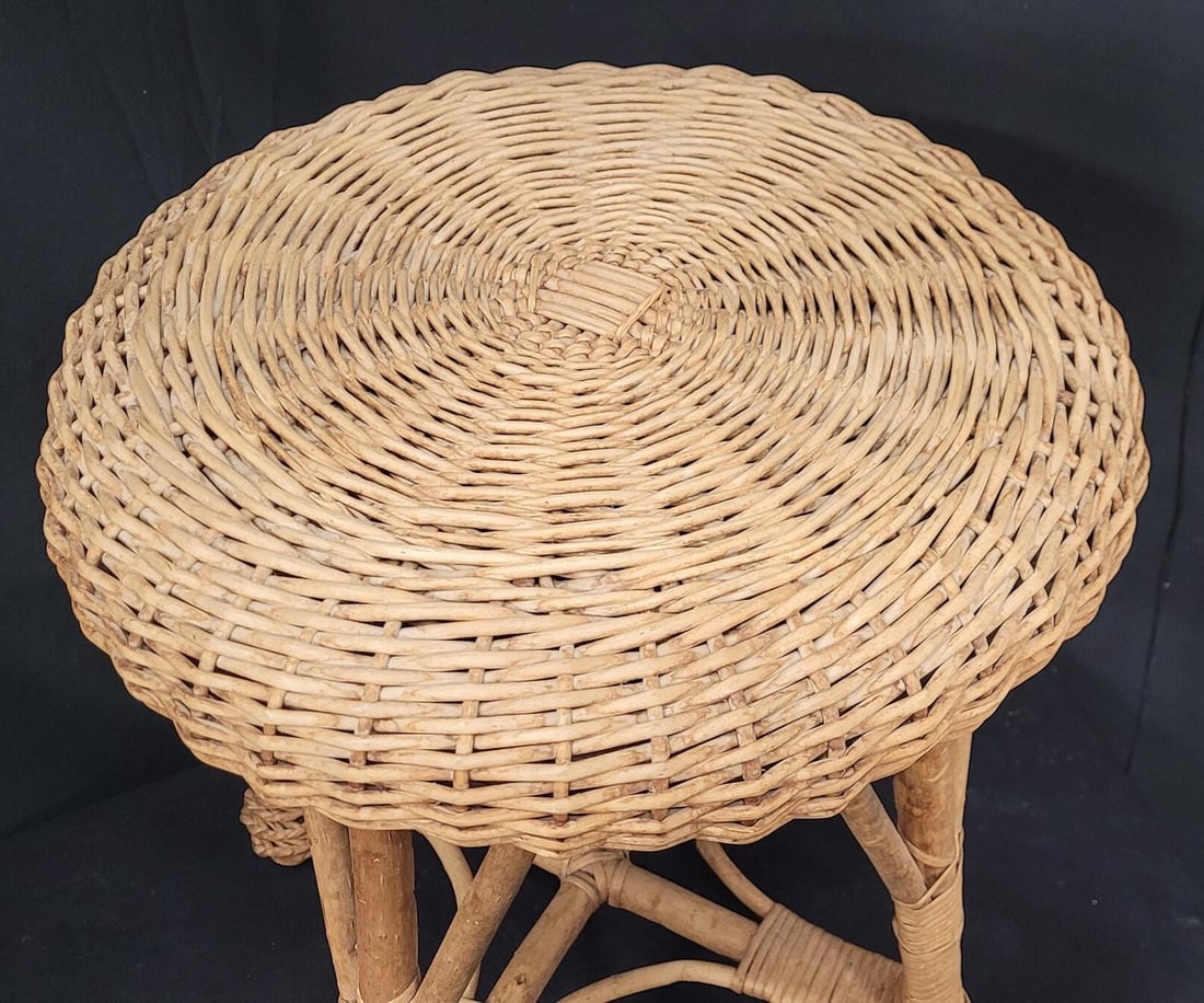 Vintage Rattan Mushroom Stool Wicker Plant Stand Organic Accent Table Mid Century Natural - 2