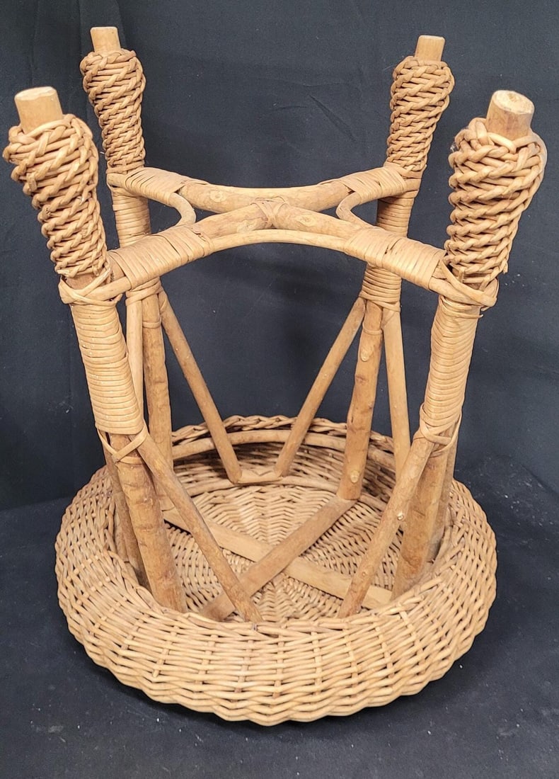Vintage Rattan Mushroom Stool Wicker Plant Stand Organic Accent Table Mid Century Natural - 7
