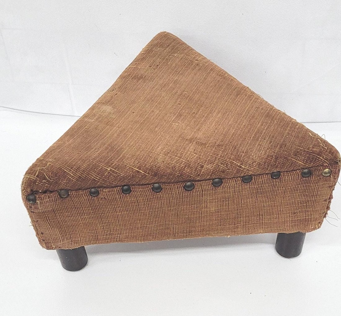 Primitive Triangle Footstool Vintage Folk Art Stool, Early American Upholstered Handmade Small (1 of 9)