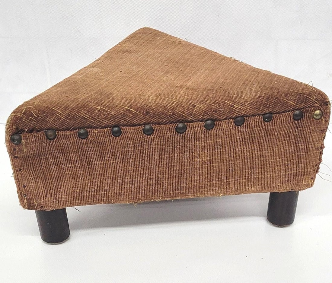 Primitive Triangle Footstool Vintage Folk Art Stool, Early American Upholstered Handmade Small - 5