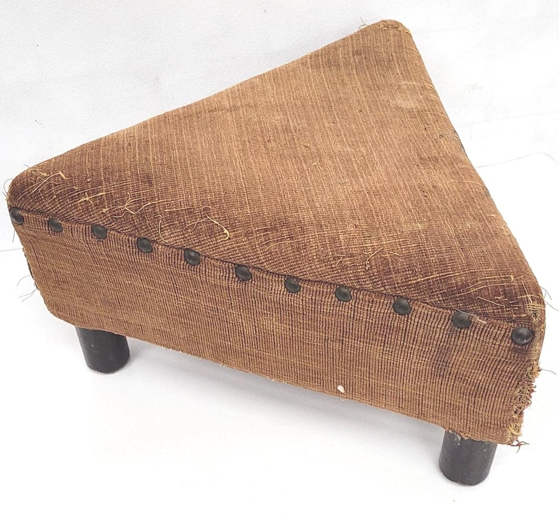 Primitive Triangle Footstool Vintage Folk Art Stool, Early American Upholstered Handmade Small - 8