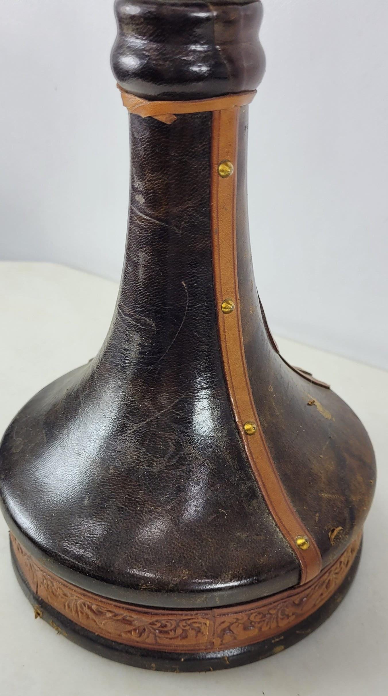 Vintage Leather Wrapped Wine Decanter Old World Barware Whiskey Bottle Bar Cart Gothic - 7