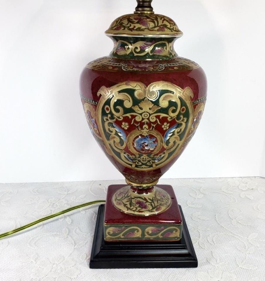 Vintage Ceramic Burgundy Red Table Lamp Ceramic Enamel Oriental Ginger Jar Accents Lighting - 2