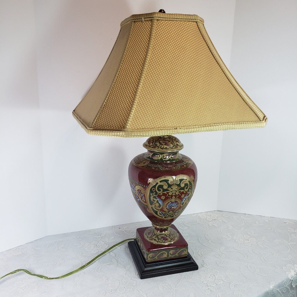 Vintage Ceramic Burgundy Red Table Lamp Ceramic Enamel Oriental Ginger Jar Accents Lighting - 4