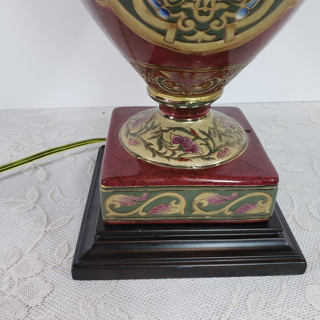 Vintage Ceramic Burgundy Red Table Lamp Ceramic Enamel Oriental Ginger Jar Accents Lighting - 5