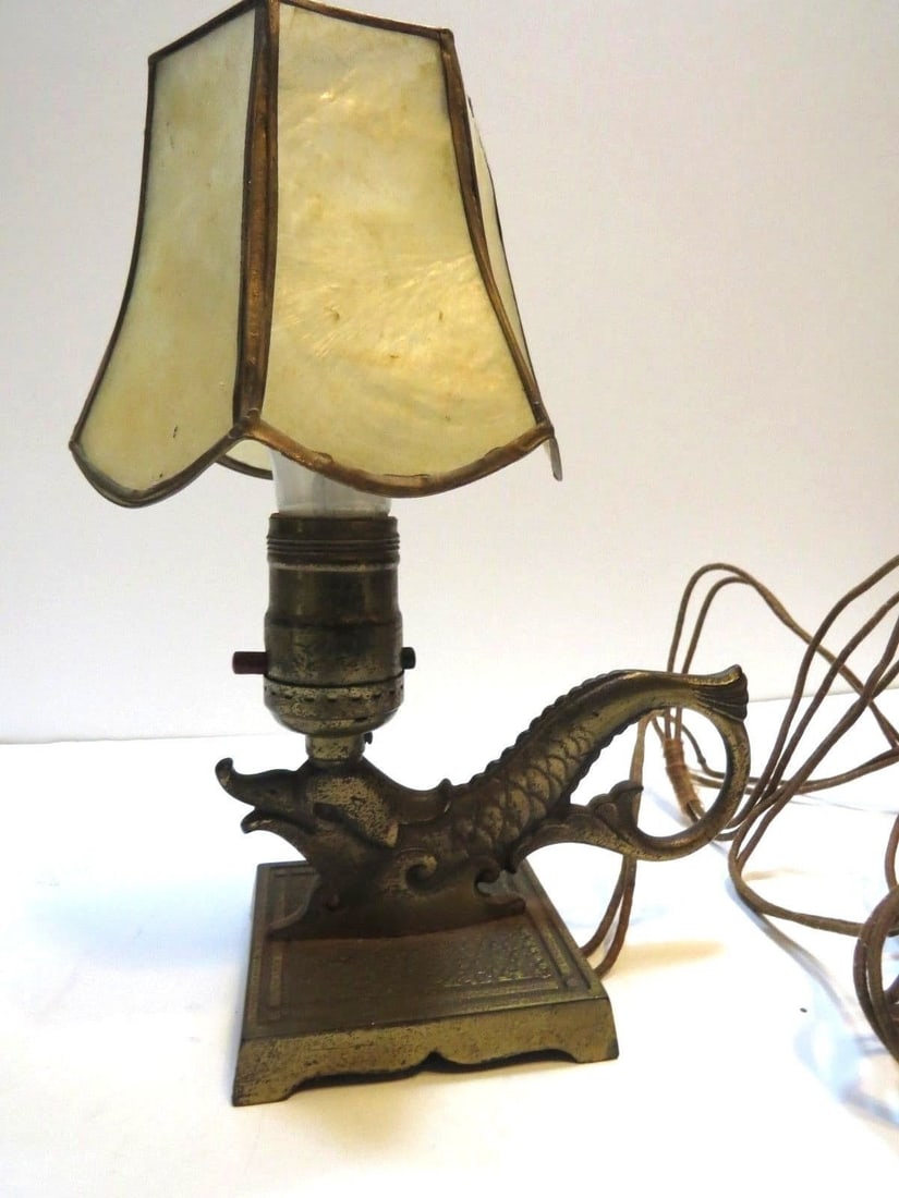 Chinoiserie Brass Sea Serpent Lamp Capiz Shell Shade Arts & Crafts Mini Fish Desk Light - 2