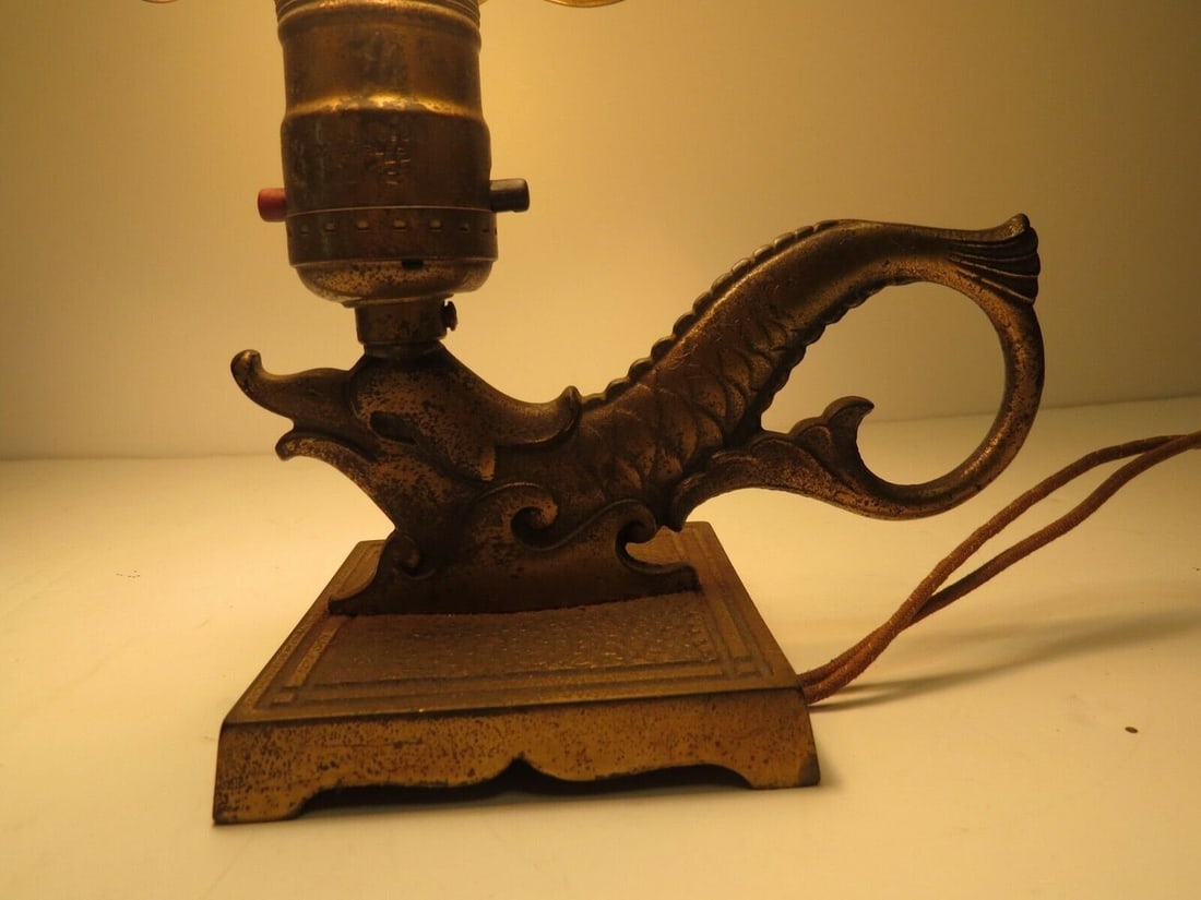 Chinoiserie Brass Sea Serpent Lamp Capiz Shell Shade Arts & Crafts Mini Fish Desk Light - 4