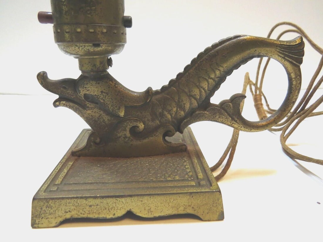 Chinoiserie Brass Sea Serpent Lamp Capiz Shell Shade Arts & Crafts Mini Fish Desk Light - 6