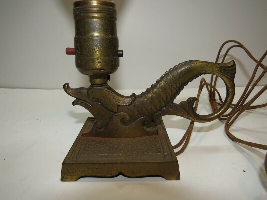 Chinoiserie Brass Sea Serpent Lamp Capiz Shell Shade Arts & Crafts Mini Fish Desk Light - 7