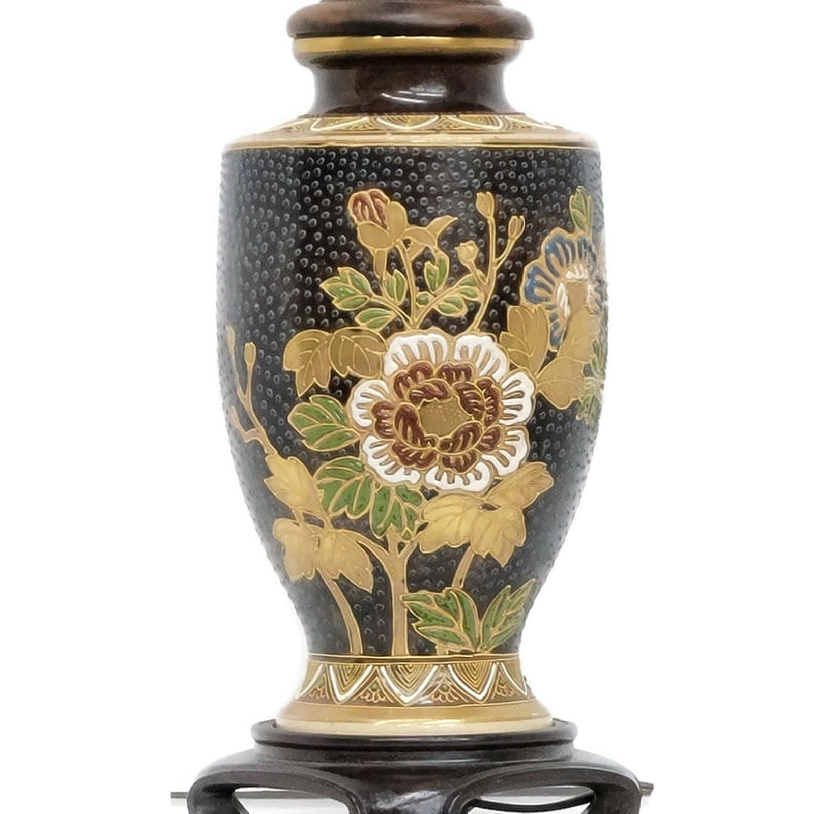 Chinoiserie Japanese Moriage Table Lamp Hand Painted Floral Hollywood Regency 1960s Accent Light: Bring a touch of Mid-Century elegance to your space with this stunning Vintage Japanese Moriage Table Lamp. Featuring intricate, hand-painted floral designs and a signature raised enamel (moriage) tex