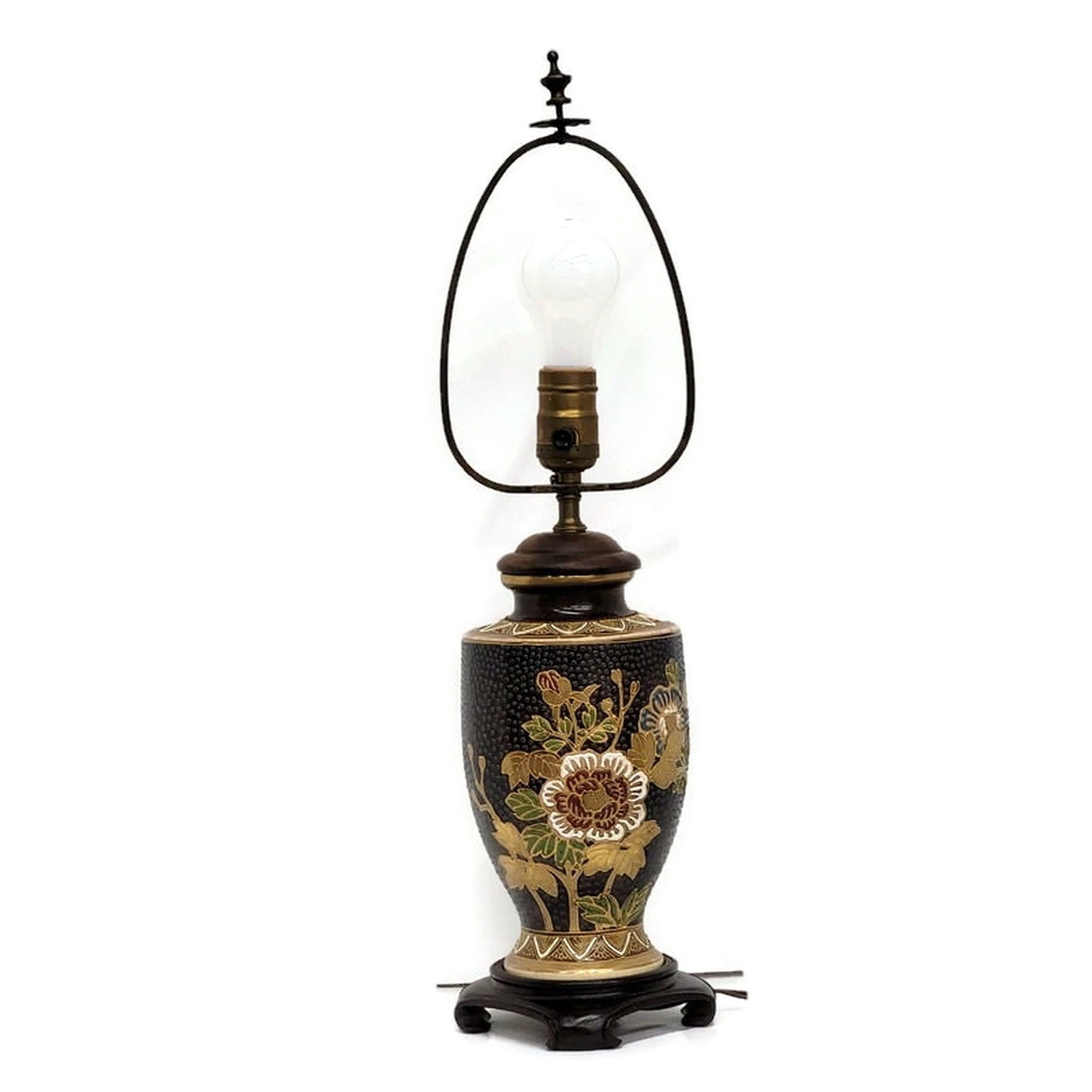 Chinoiserie Japanese Moriage Table Lamp Hand Painted Floral Hollywood Regency 1960s Accent Light - 3