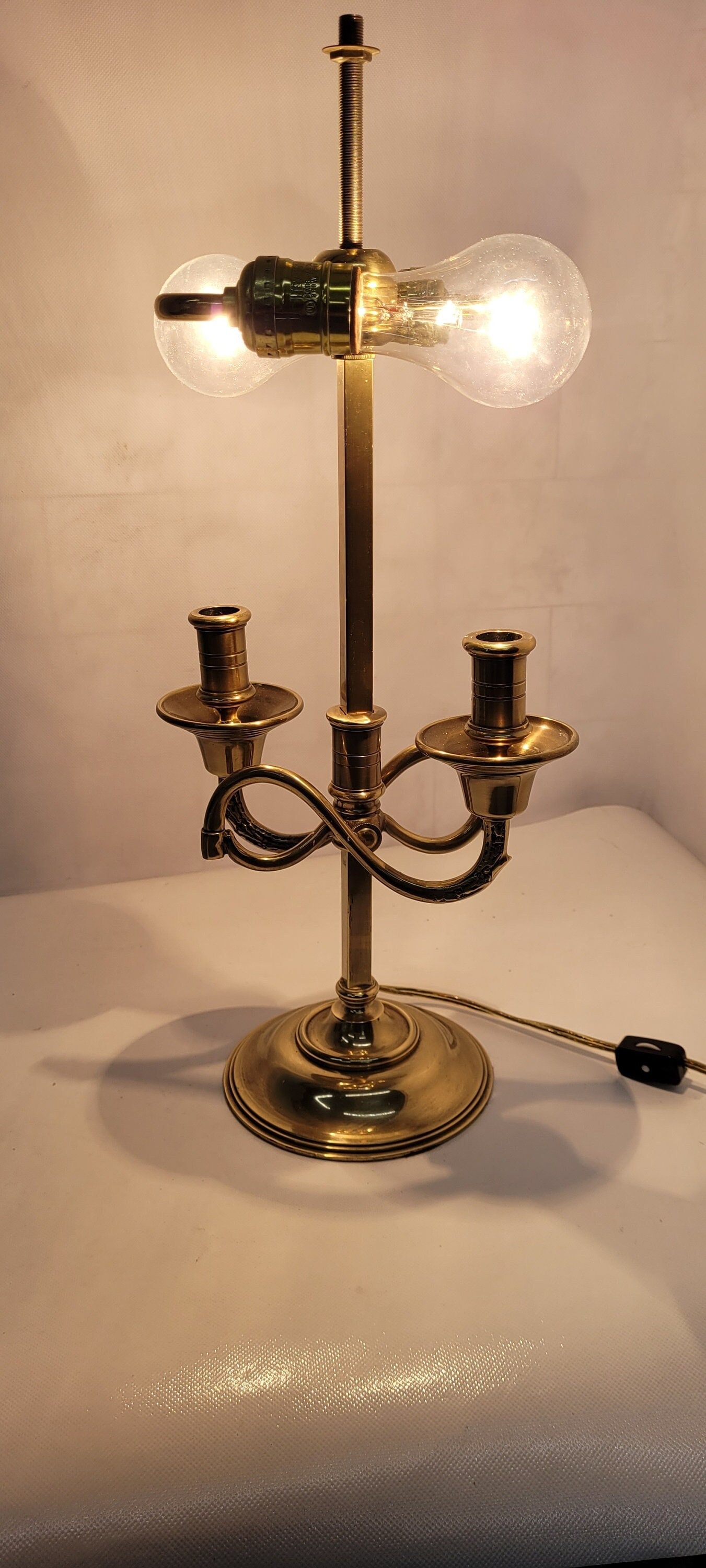 Vintage french neoclassical gold brass adjustable tole original shade candlestick lamp - 4