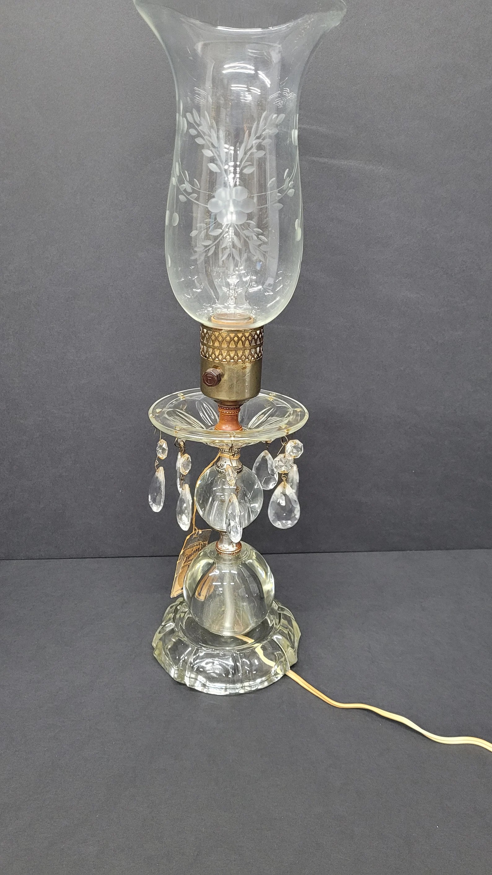 Vintage Crystal Hurricane Lamp with Prisms, Victorian Vanity Accent Light (1 of 10)