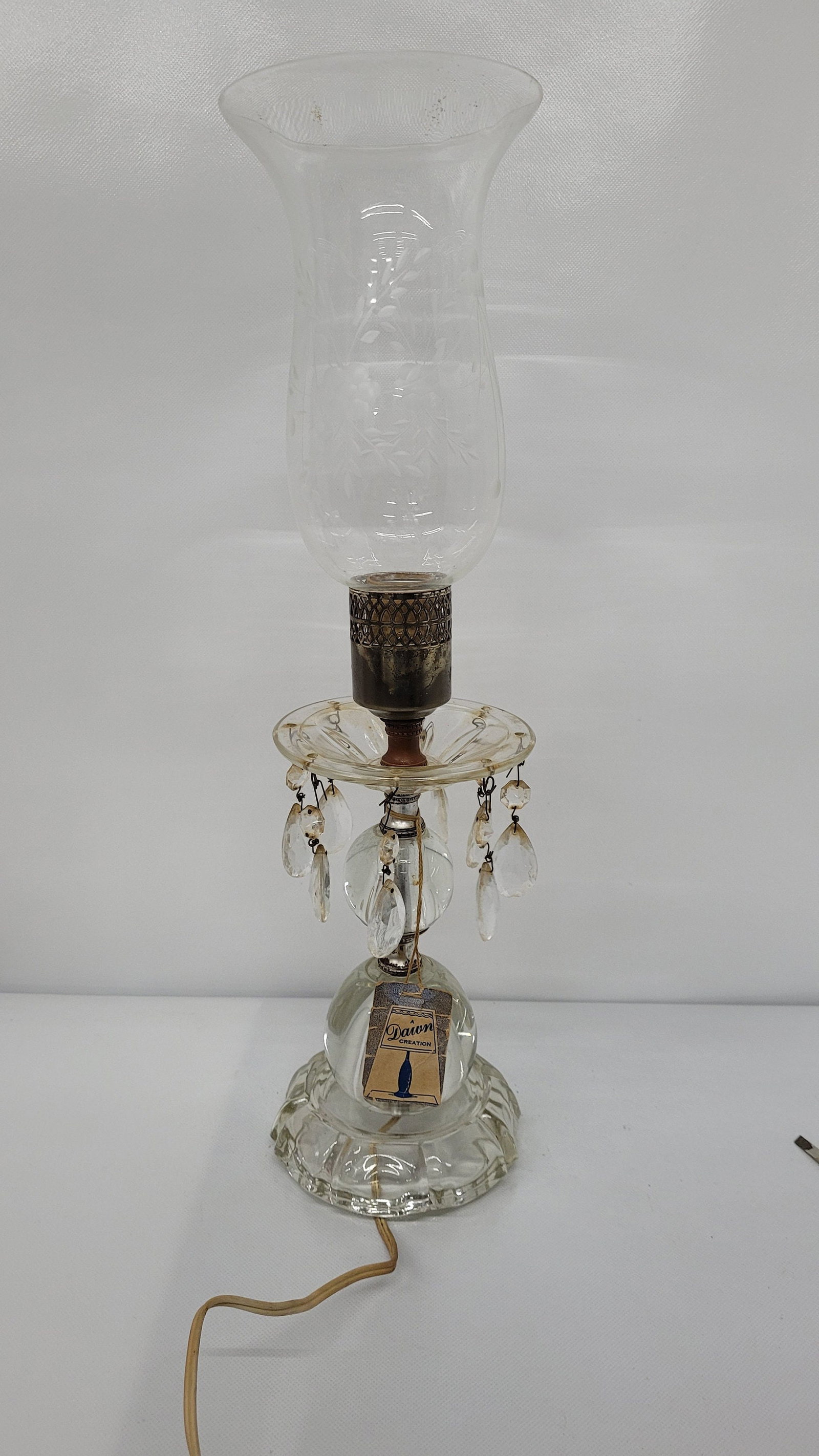 Vintage Crystal Hurricane Lamp with Prisms, Victorian Vanity Accent Light - 2