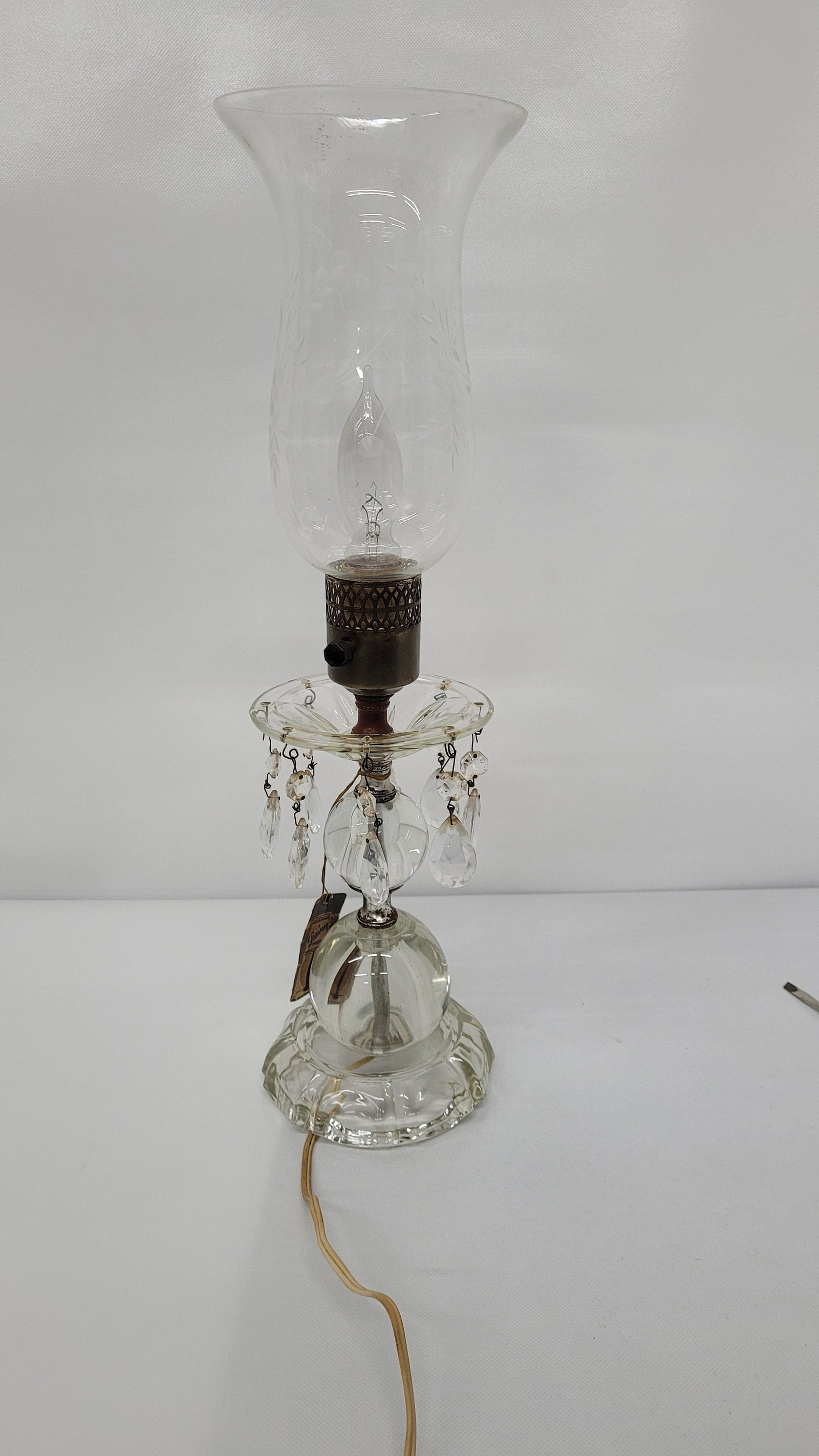 Vintage Crystal Hurricane Lamp with Prisms, Victorian Vanity Accent Light - 6