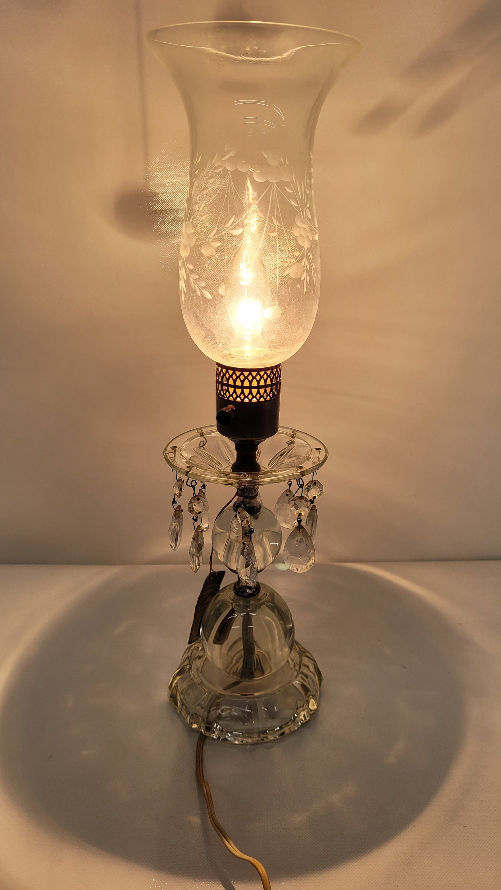 Vintage Crystal Hurricane Lamp with Prisms, Victorian Vanity Accent Light - 9