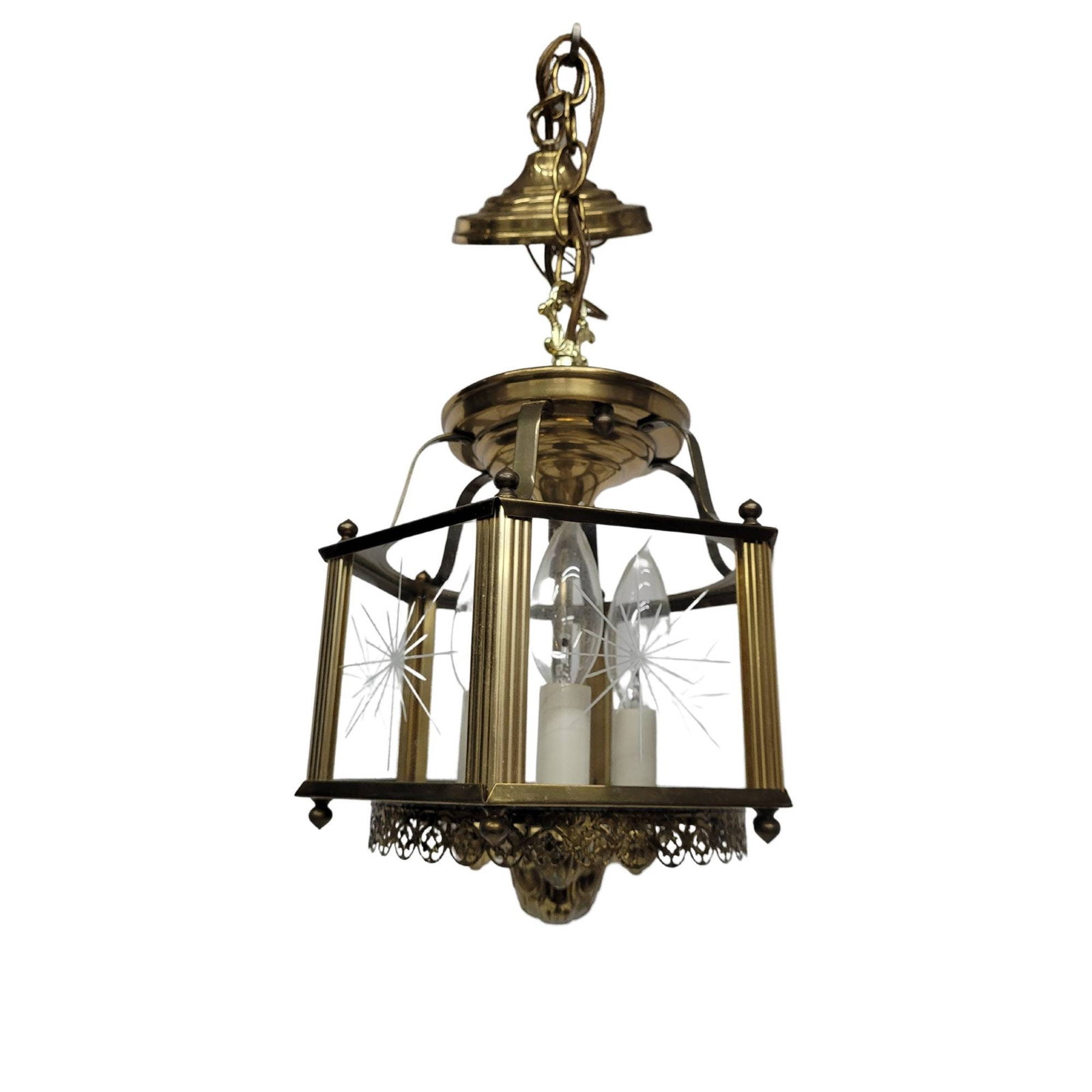 Vintage Brass Lantern Neo Decor Starburst Etched Glass Chandelier Entryway, Old World Glam (1 of 9)