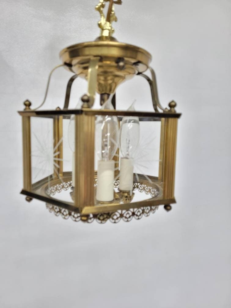Vintage Brass Lantern Neo Decor Starburst Etched Glass Chandelier Entryway, Old World Glam - 3