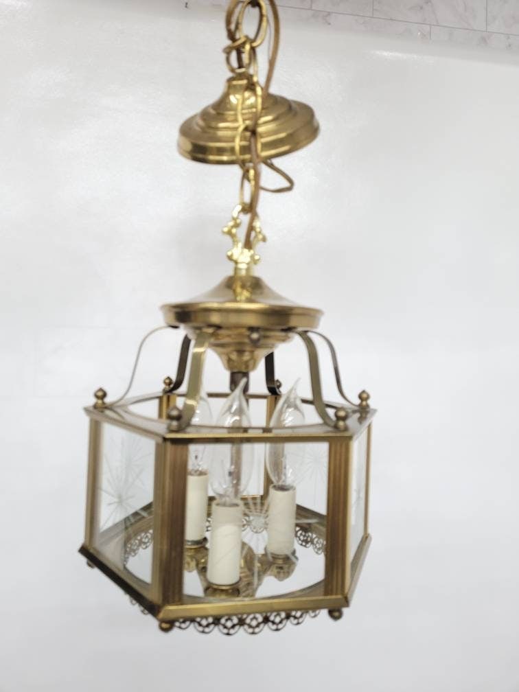 Vintage Brass Lantern Neo Decor Starburst Etched Glass Chandelier Entryway, Old World Glam - 5