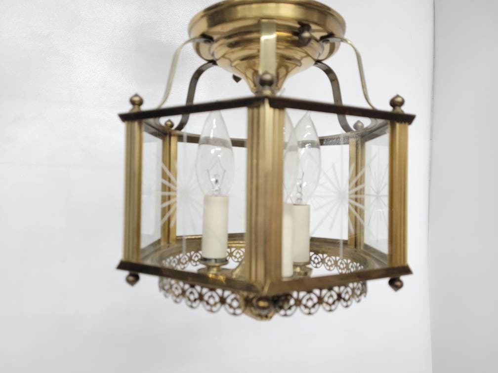 Vintage Brass Lantern Neo Decor Starburst Etched Glass Chandelier Entryway, Old World Glam - 6