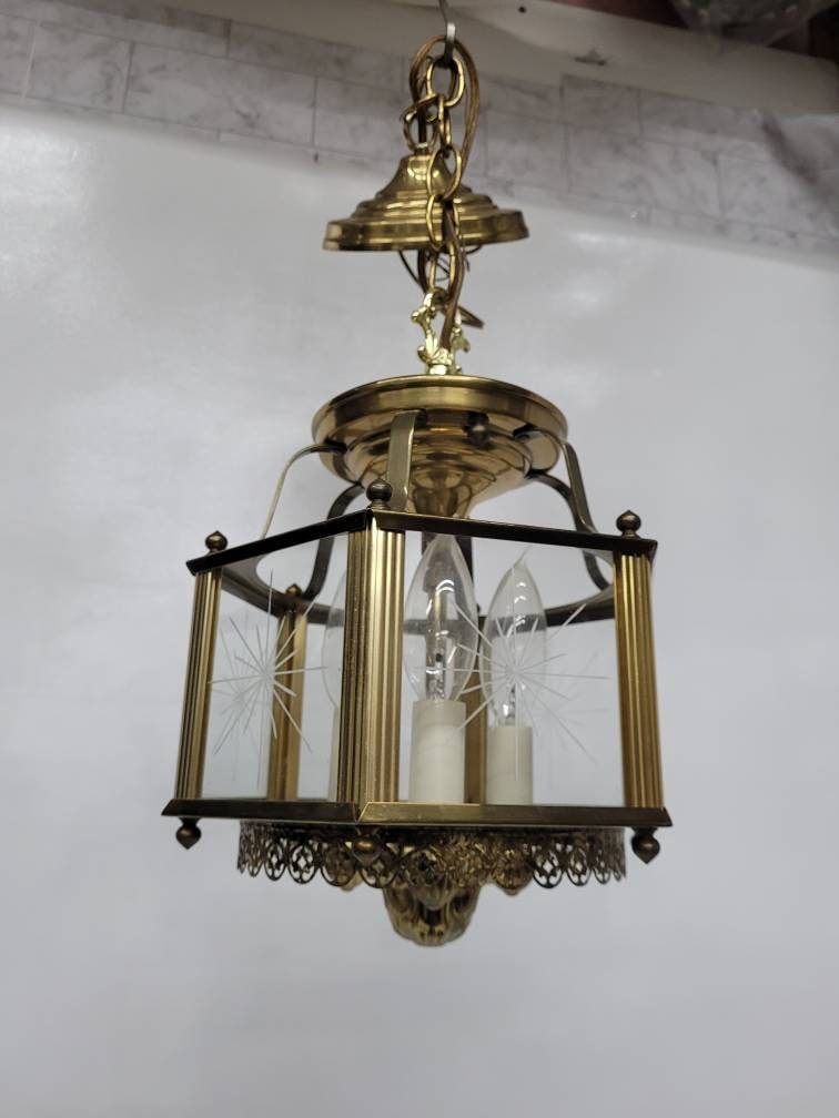 Vintage Brass Lantern Neo Decor Starburst Etched Glass Chandelier Entryway, Old World Glam - 7