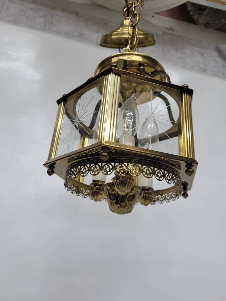 Vintage Brass Lantern Neo Decor Starburst Etched Glass Chandelier Entryway, Old World Glam - 8
